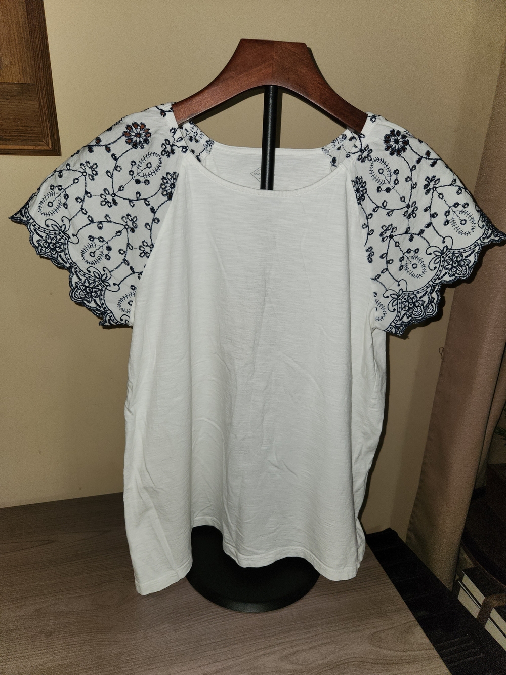 St. John's Bay White Tee with Navy Embroidered Flutter Sleeves
